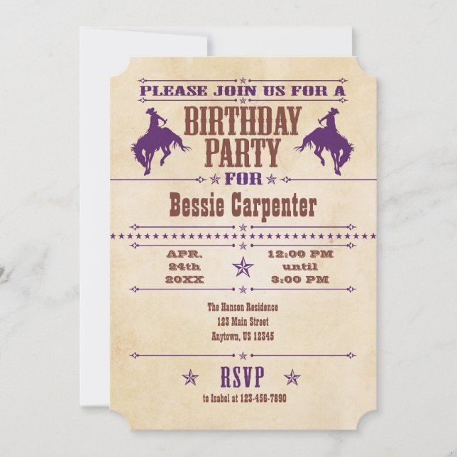 Purple Vintage Cowboy Invitation Anniversaire (Devant)