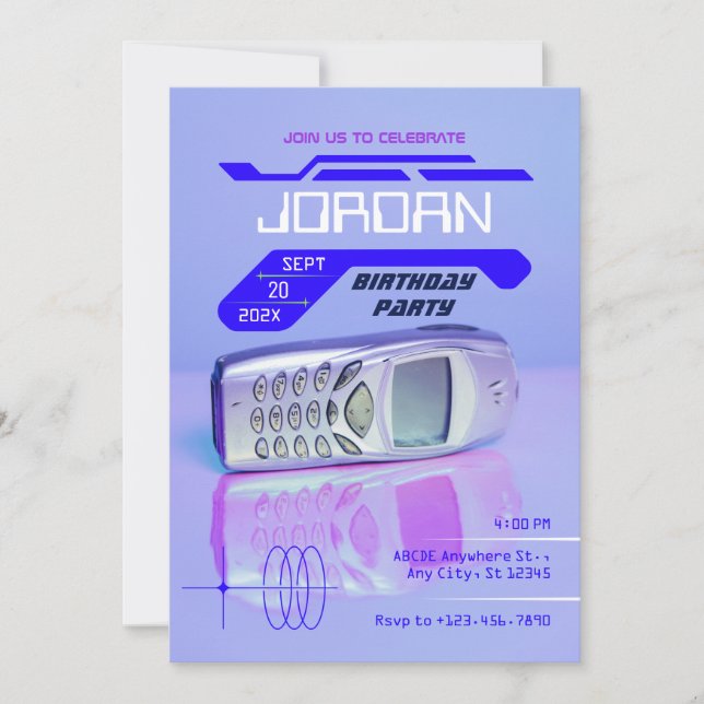 PURPLE VINTAGE TELEFON FUTURISTISCHER GEBURTSTAG EINLADUNG (Vorderseite)