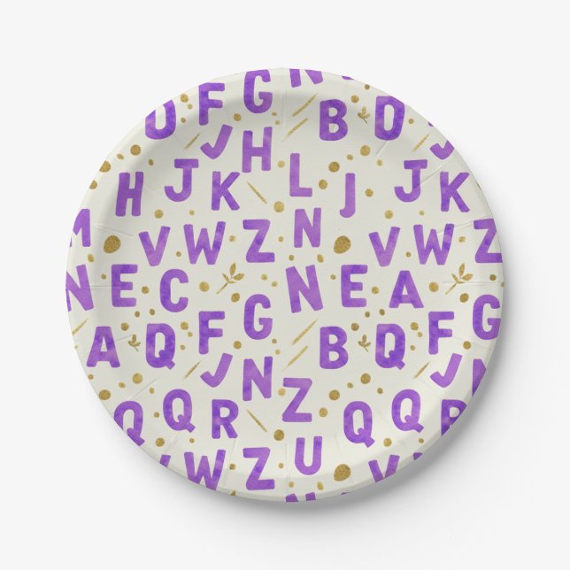 Purple Watercolor Alphabet Pappteller (Vorderseite)
