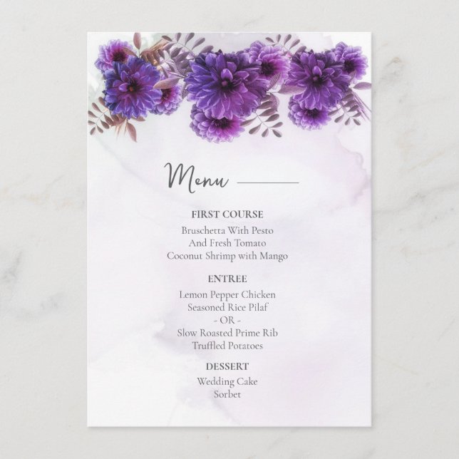 Purple Watercolor Chrysanthemum Wedding  Menükarte (Vorderseite)