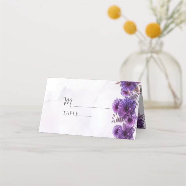 Purple Watercolor Chrysanthemum Wedding Place Card Platzkarte (Vorderseite)