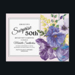Purple Watercolor Floral on Pink 50th Birthday Postkarte<br><div class="desc">Elegant and botanical purple and yellow watercolor floral on pink surprise 50th birthday party invitation postcard.</div>