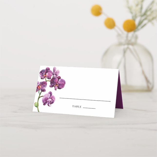 Purple Watercolor Orchids Tropical Wedding Platzkarte (Vorderseite)