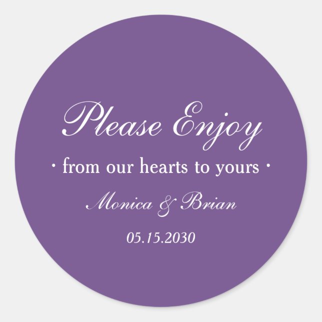 Purple Wedding Please Enjoy Favor Runder Aufkleber (Vorderseite)
