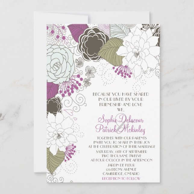 Purple Whimsical Floral Wedding Invitations (Devant)