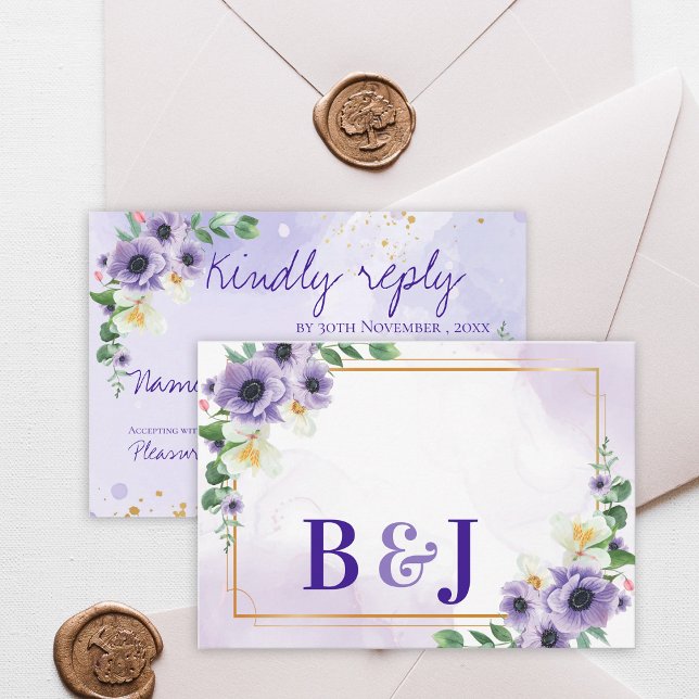 Purple White Floral Gold Frame Wedding Reply By RSVP Karte (Purple White Floral Gold Frame Wedding Reply By RSVP Card)