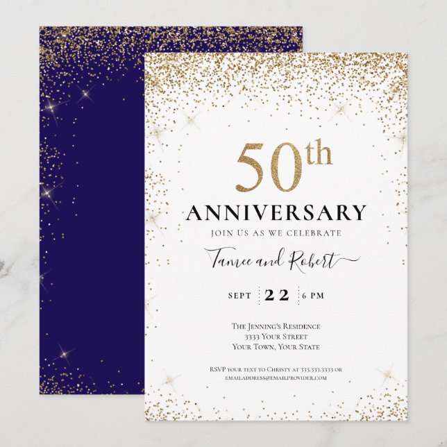 Purple White Gold 50th Wedding Anniversary  Einladung (Vorne/Hinten)