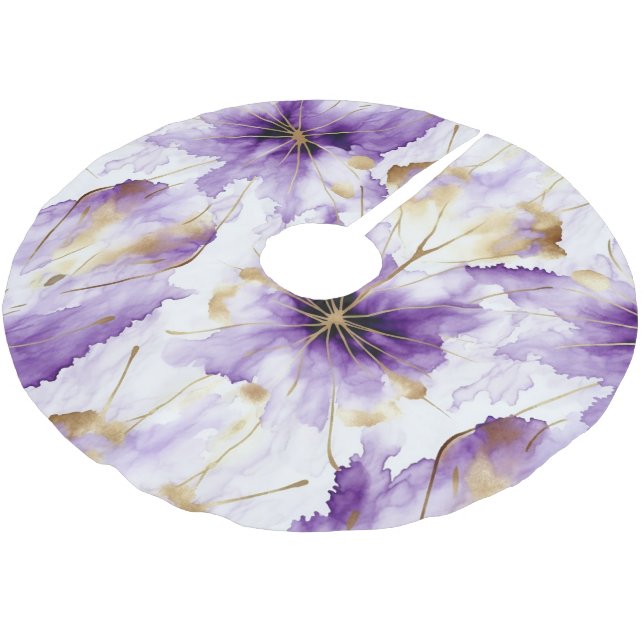 Purple White Gold Abstract Iris Floral Polyester Weihnachtsbaumdecke (Schrägansicht)