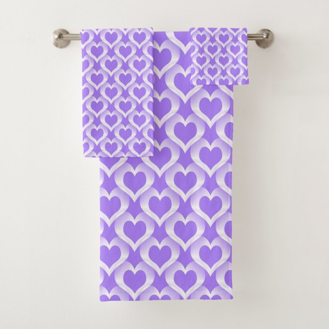 Purple White Hearts Pattern Badhandtuch Set (Insitu)