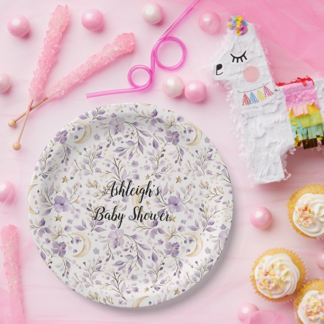 Purple White Moons & Stars Floral Baby Shower Pappteller (Party)