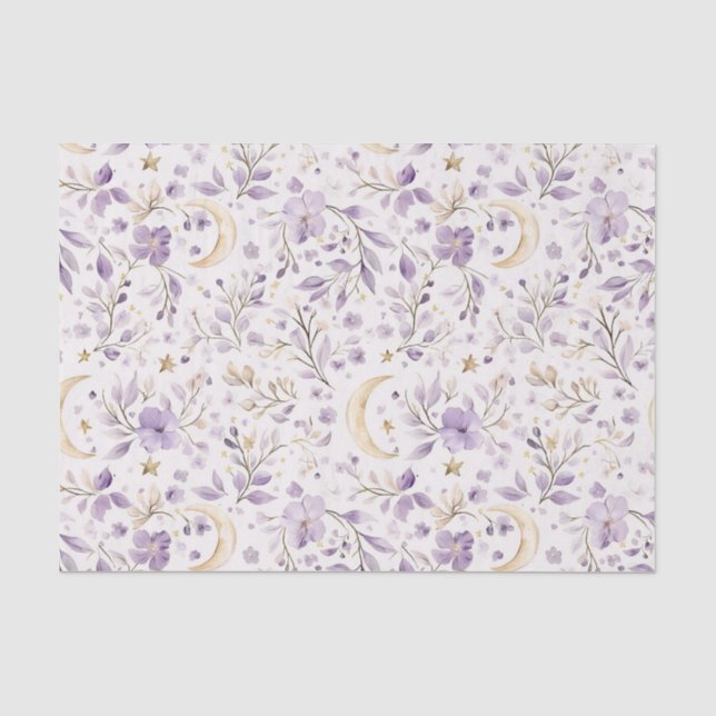 Purple White Moons & Stars Floral Baby Shower Seidenpapier (Vorderseite)