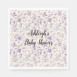 Purple White Moons & Stars Floral Baby Shower Serviette