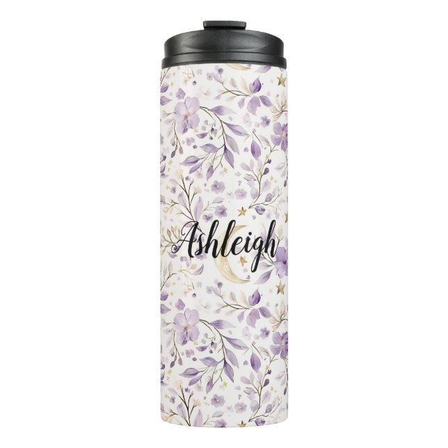 Purple White Moons & Stars Floral Thermosbecher (Vorderseite)