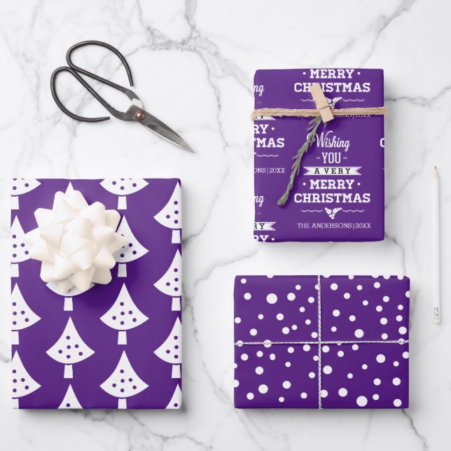 Purple white trees snowflakes and wishes Christmas Geschenkpapier Set (Vorderseite)
