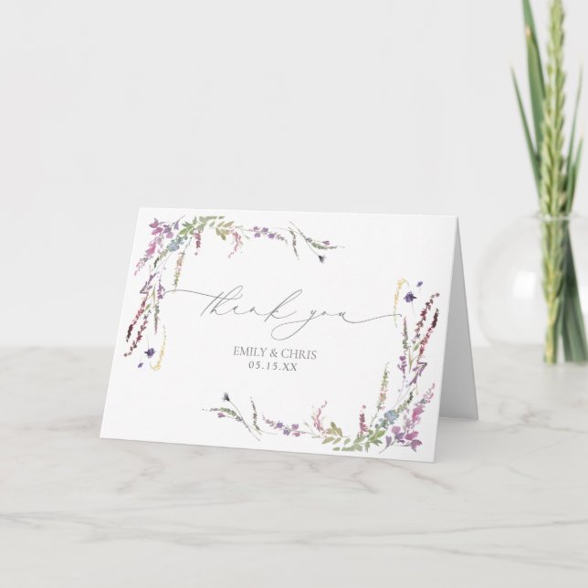 Purple Wildflower Calligraphy Wedding Thank You Karte (Vorderseite)
