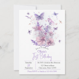 Purple Wildflowers Butterfly Girl's 1st Birthday  Einladung