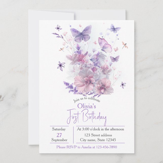 Purple Wildflowers Butterfly Girl's 1st Birthday  Einladung (Vorderseite)