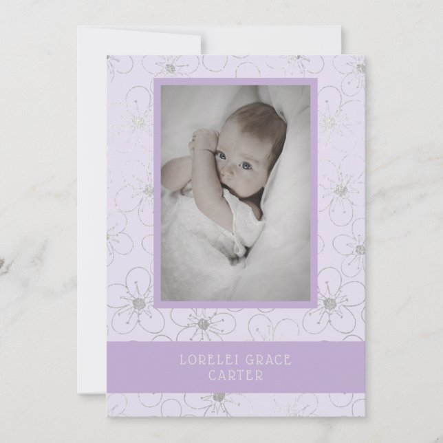 Purple Wildflowers Silver Photo Naming Ceremony Mitteilungskarte (Vorderseite)