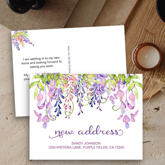 Purple Wisteria Floral Mon nouveau Faire-part d'ad (New Address postcard with purple wisteria)