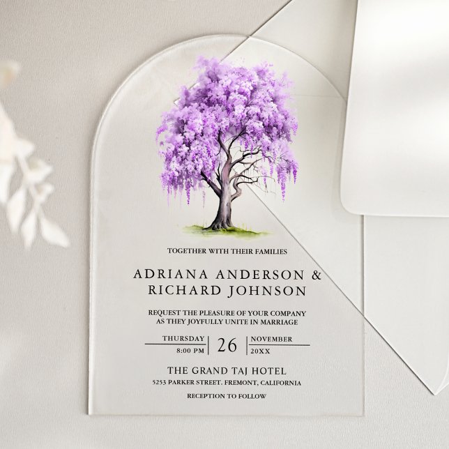 Purple Wisteria Floral Tree Wedding Acryleinladungen (Von Creator hochgeladen)