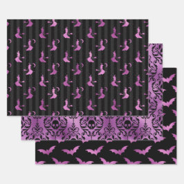 Purple Witch, Skull and Bat Halloween Patterns Geschenkpapier Set
