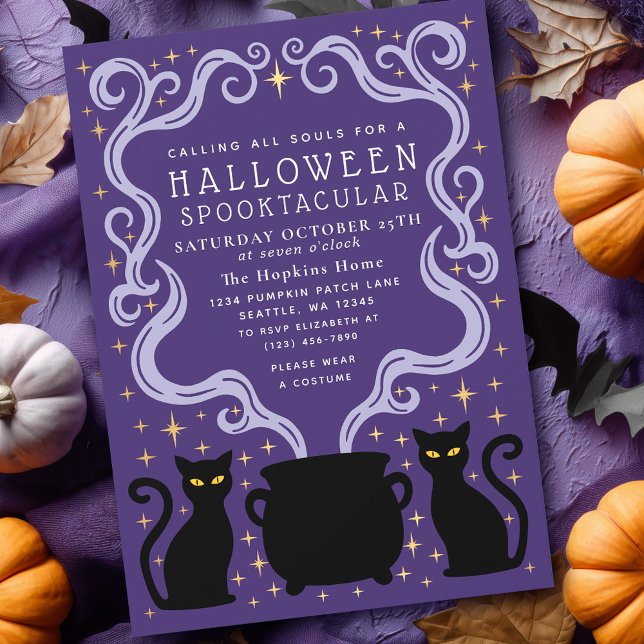 Purple Witchy Black Cat Cauldron Halloween Party Einladung (Von Creator hochgeladen)