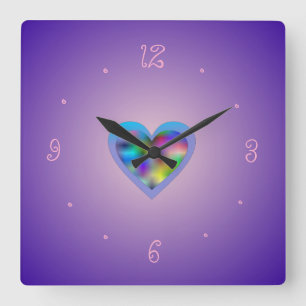 Purple with Rainbow Heart> Girls Wall Clocks Quadratische Wanduhr