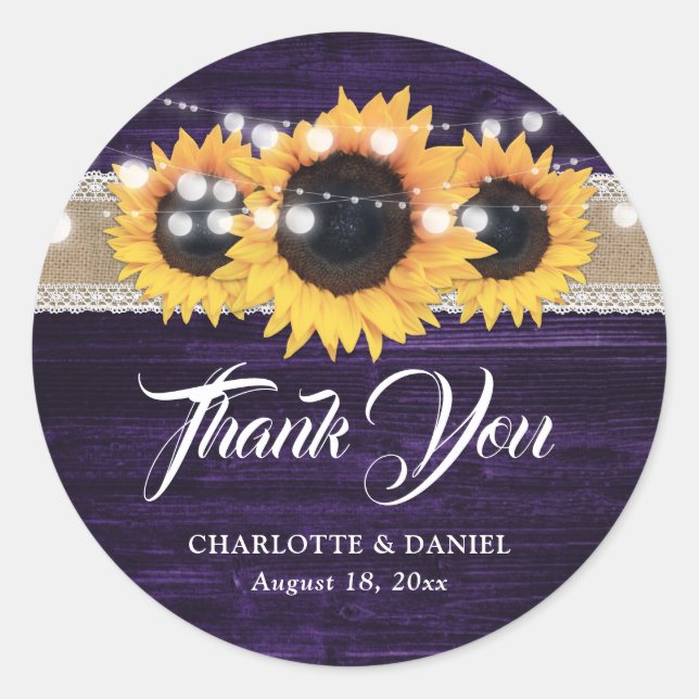 Purple Wood Burlap Lace Sunflower Wedding Runder Aufkleber (Vorderseite)