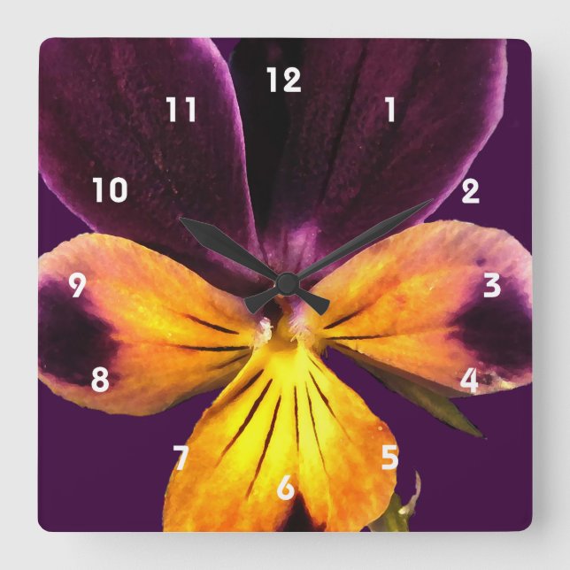 Purple Yellow Flower Abstract Floral Clock Quadratische Wanduhr (Vorderseite)