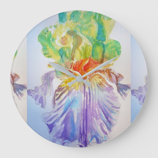 Purple Yellow Iris Flowers Floral Art Wall Clock Große Wanduhr (Vorderseite)