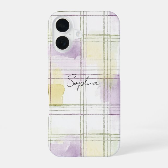 Purple Yellow White Plaid Stripes iPhone 16 Hülle (Rückseite)