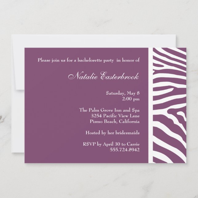 Purple Zebra Bachelorette Party Invitation (Devant)