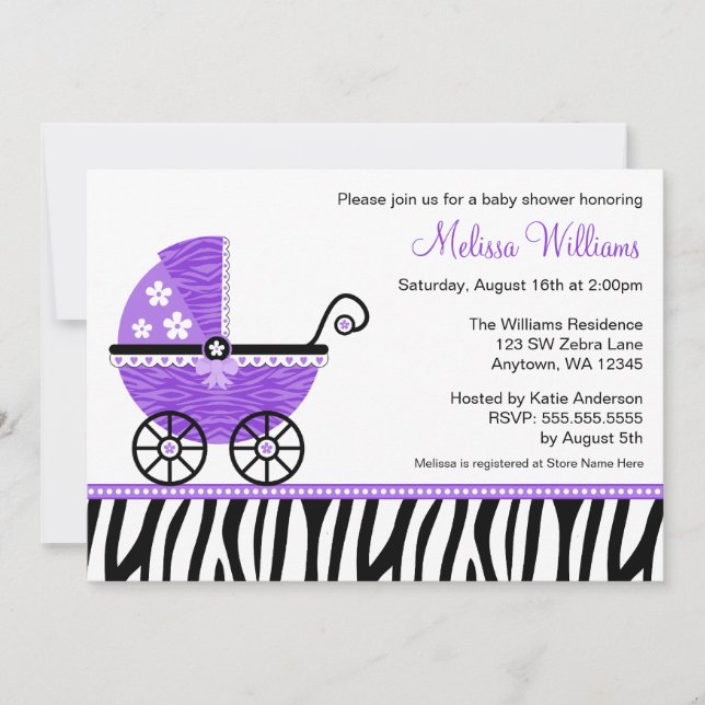 Purple Zebra Carriage Girl Baby Shower Invitations (Devant)
