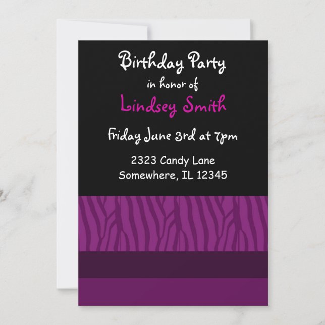 Purple Zebra Imprimer Invitation Anniversaire (Devant)