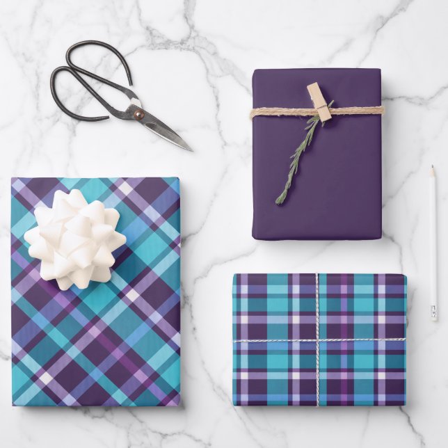 Purples, Teals, Blue & White Plaid Geschenkpapier Set (Vorderseite)