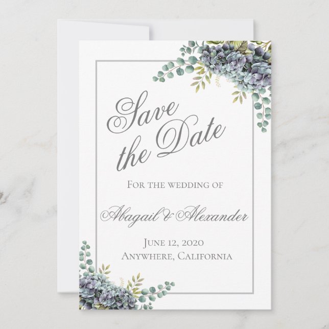 Purplish Hydrangeas Eucalyptus Save the Date Card (Vorderseite)