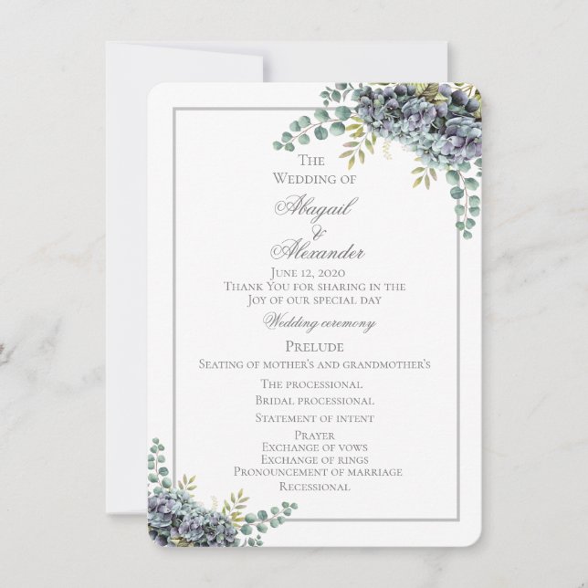 Purplish Hydrangeas Eucalyptus Wedding Program Car (Vorderseite)