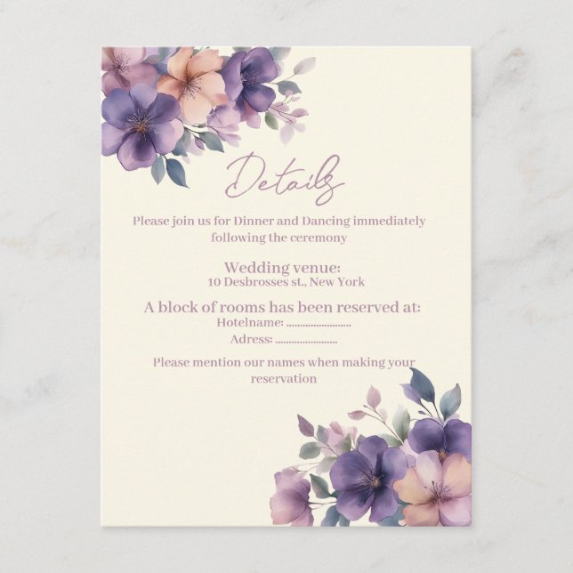 Purpur, rosa Blume auf der Hochzeitskarte Begleitkarte (Vorderseite)