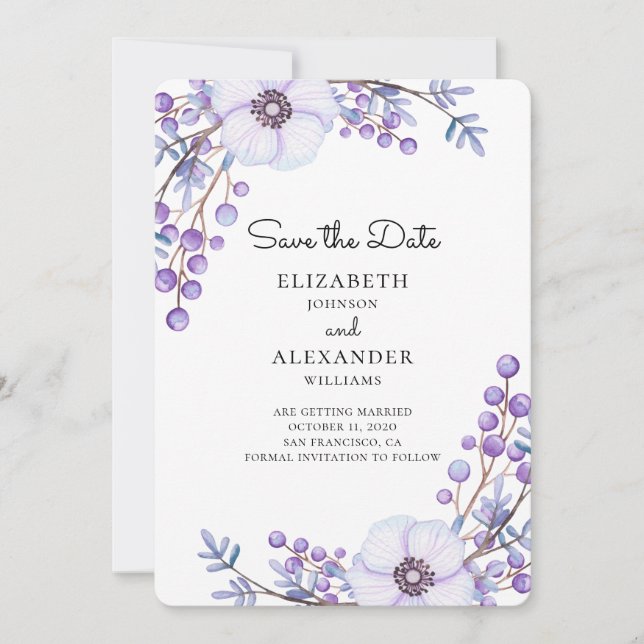 Purpurblumen Save the Date. Botanische Hochzeit Einladung (Vorderseite)