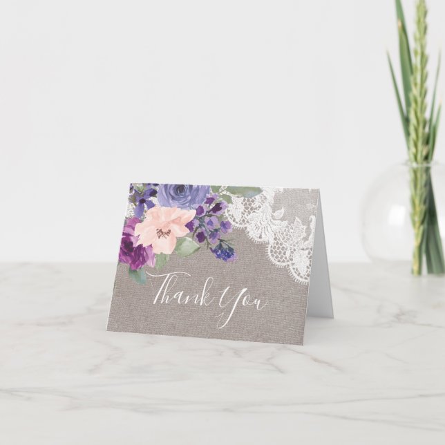 Purpurblumen und Hochzeitsszenarien Dankeskarte (Vorderseite)