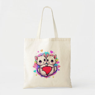 Purpurrote Liebe: Kawaii Couple Cats mit Herz Tragetasche