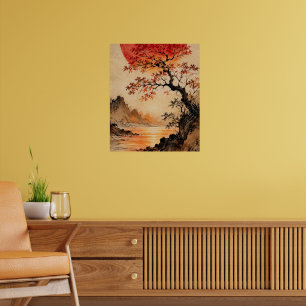 Purpurrote Sonne über dem Baum des Lebens Poster