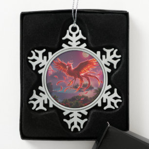 Purpurroter Phönix der mondbeschienenen Gezeiten. Schneeflocken Zinn-Ornament