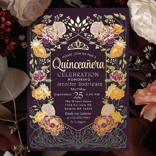 Purpurverzauberter Garten Floral Quinceanera Folieneinladung