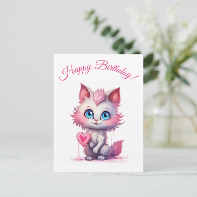Purr fect Birthday Wish - Niedlich Kitty Postkarte (Stehend Vorderseite)