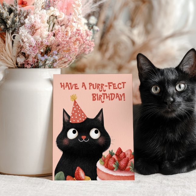 Purr-fect Black Cat Niedlich Feline Pink Geburtsta Postkarte (Von Creator hochgeladen)
