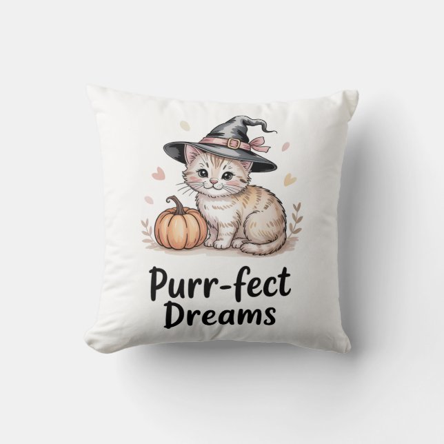Purr-fect Dreams Niedliche Katze mit KürbisHallowe Kissen (Vorderseite)