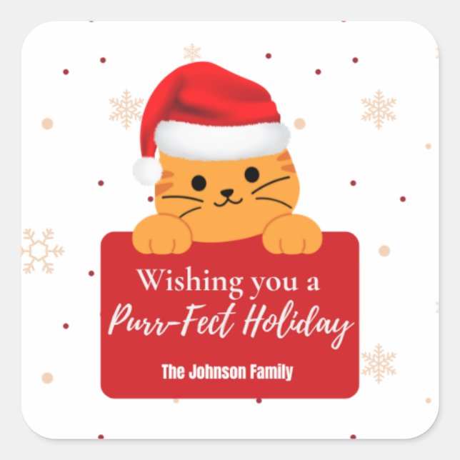 Purr‑fect Holiday Cat Christmas  Quadratischer Aufkleber (Vorderseite)