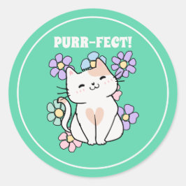 PURR-FECT! Lächeln Katze mit Blume Runder Aufkleber