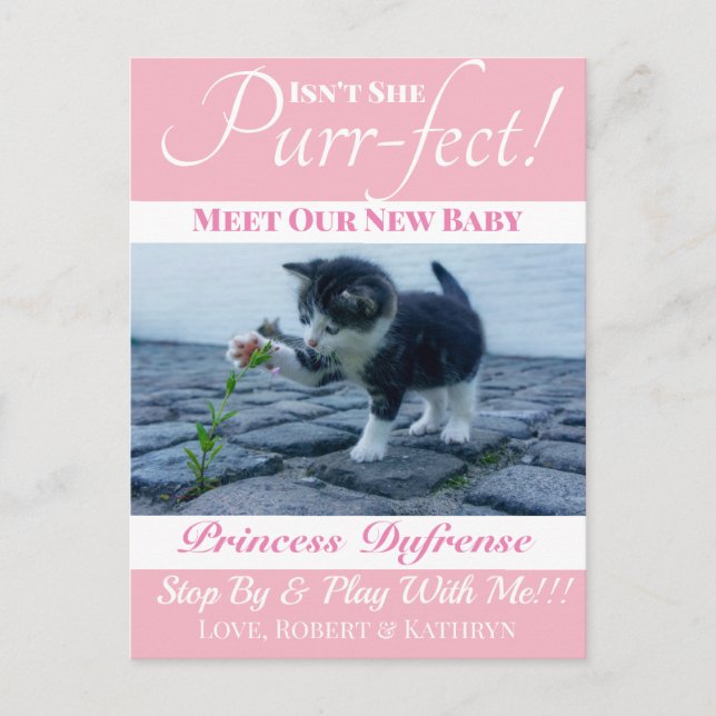 "Purr-fect" Neue Katzen-Ankündigung rosa Postkarte (Vorderseite)
